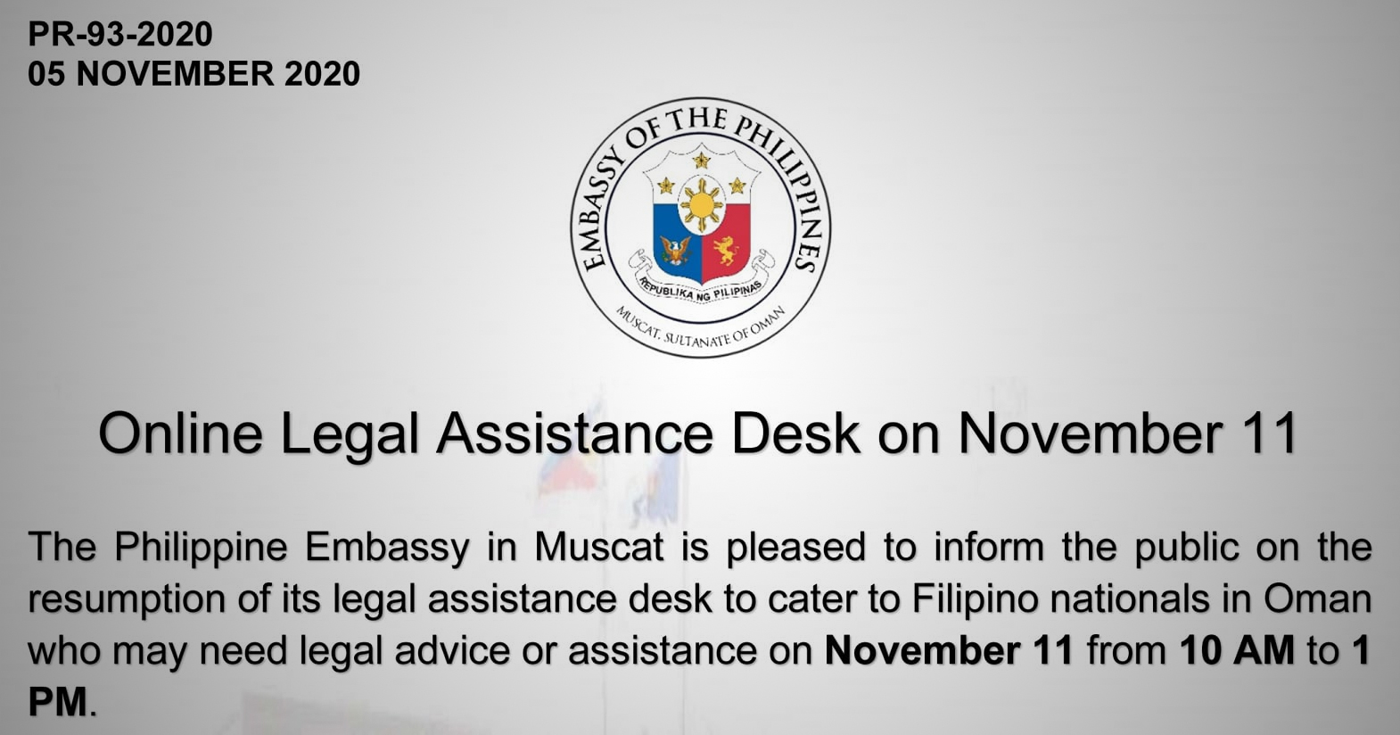 Philippine Embassy Online Legal Assistance Desk on November 11