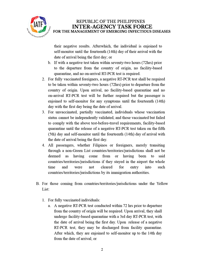 IATF issues new testing, quarantine rules for inbound travelers