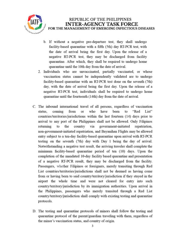 IATF issues new testing, quarantine rules for inbound travelers